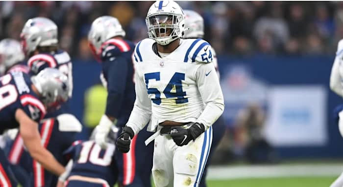 Dayo Odeyingbo celebrates a sack as the Indianapolis Colts beat the New England Patriots.